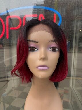 Red Ombre Short Bob Wig with Natural Black Roots - Women Hair